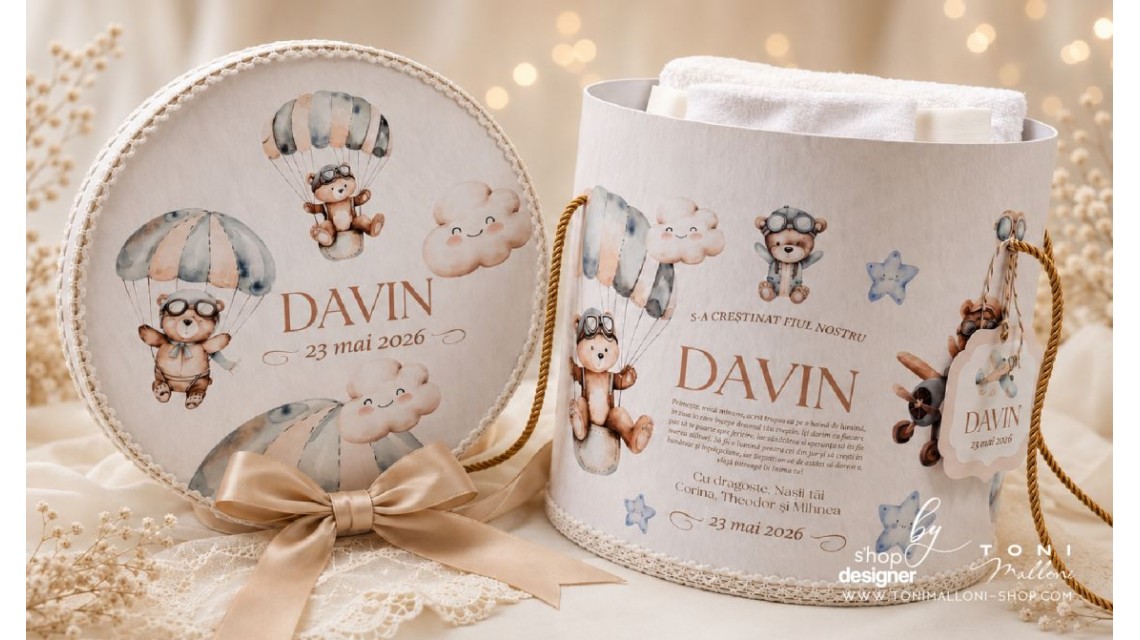 Trusou Botez Băieți Little Aviator Ursuleț Aviator Personalizat Bleu Pudrat si Ivory 8